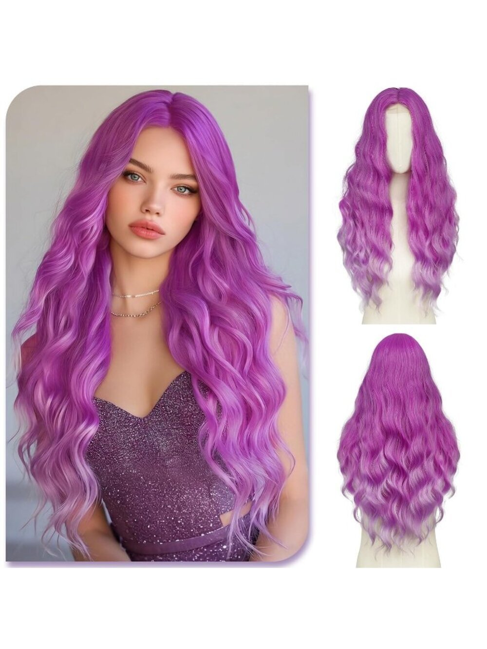 Women's Pastel Purple 28 Inch Lace Front Soft Synthetic Long Wavy Curly Wigs